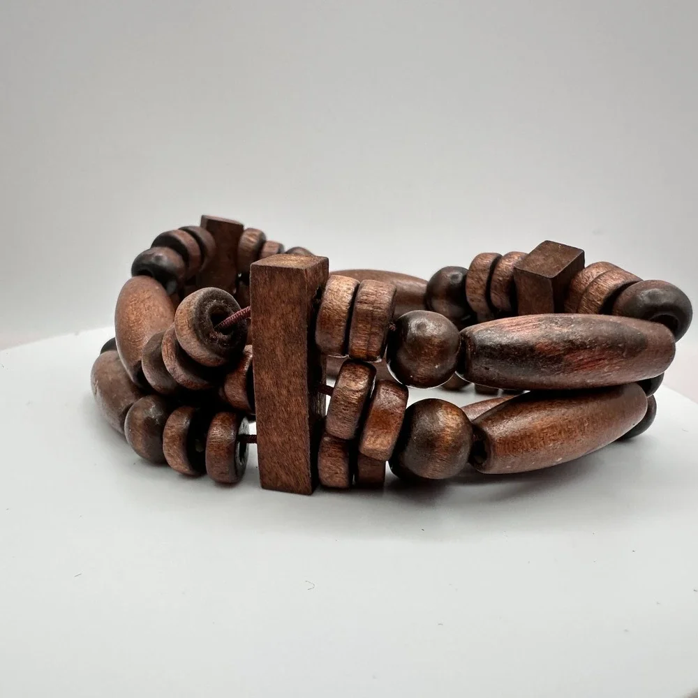 Vintage 90s Brown Three Row Wood Bead Stretch Cord Bracelet Jewelry Statement